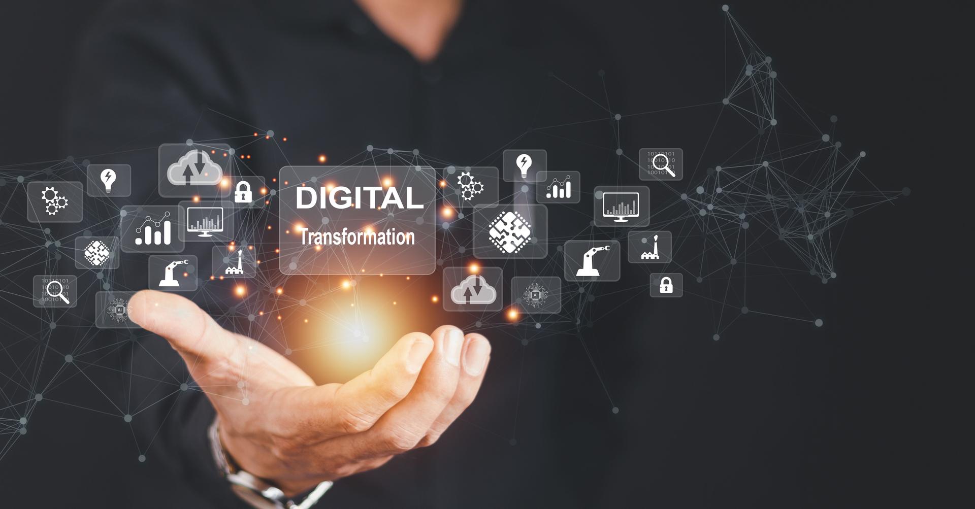 Digital transformation technology strategy, digitization and digitalization of business processes and data, optimize and automate operations, customer service management, internet and cloud computing